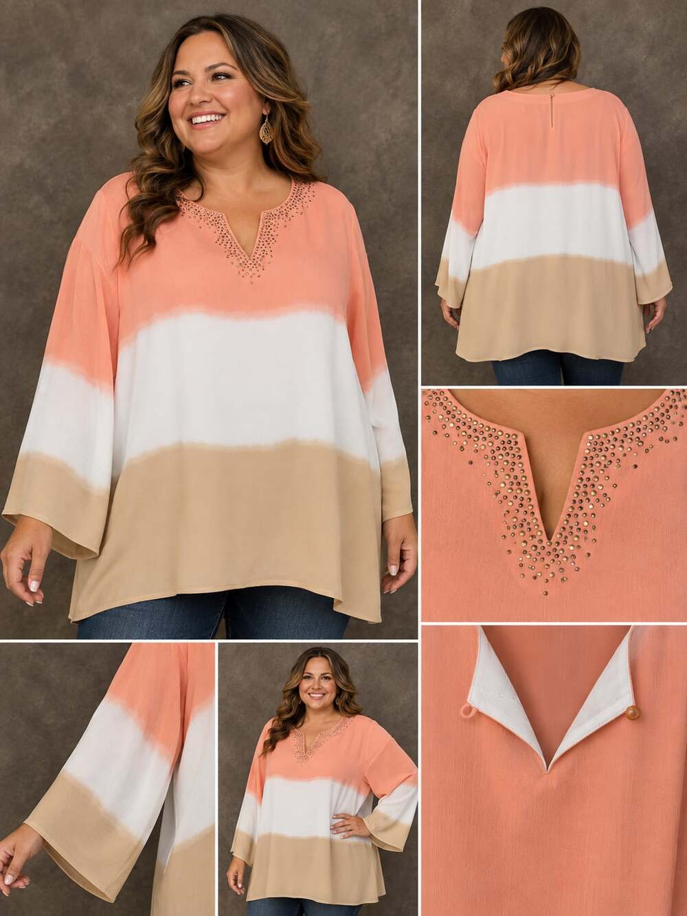 Alfred Dunner Multicolor Dip-Dye Ombre 3/4 Sleeve Blouse Rhinestone V-Neck